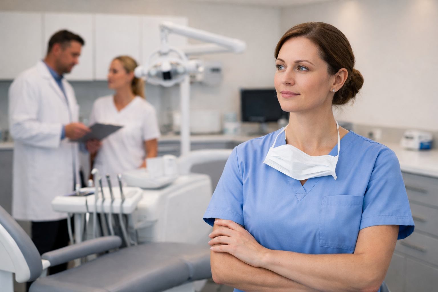 Dental nurse demonstrating professional leadership and clinical awareness in a modern dental practice