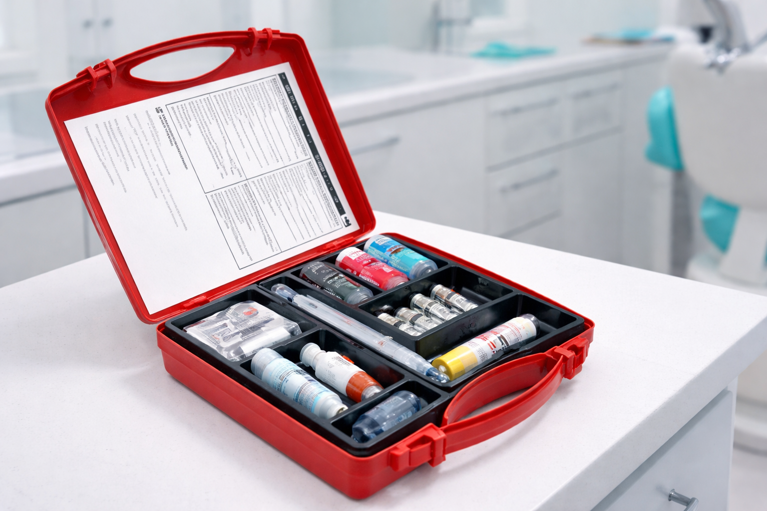 Emergency medical kit prepared for medical emergencies in dental practice