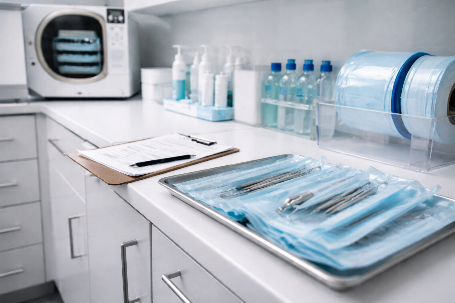 Dental sterilisation area showing sealed instruments, autoclave, and infection control documentation in a clean UK dental practice.