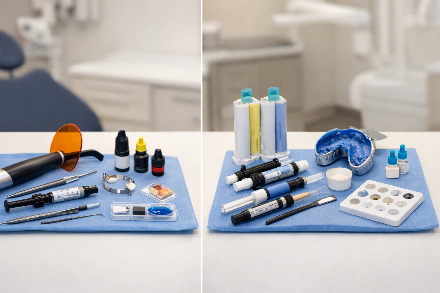 Split-view dental procedure setup in a modern UK surgery showing composite restoration tray on the left and crown preparation tray on the right under bright clinical lighting.