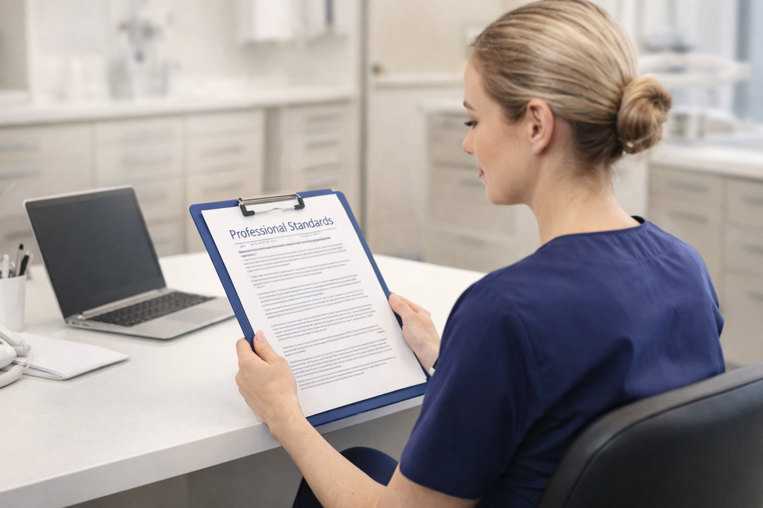 Dental nurse reviewing a printed “Professional Standards” document at a consultation desk in a modern UK dental surgery.
