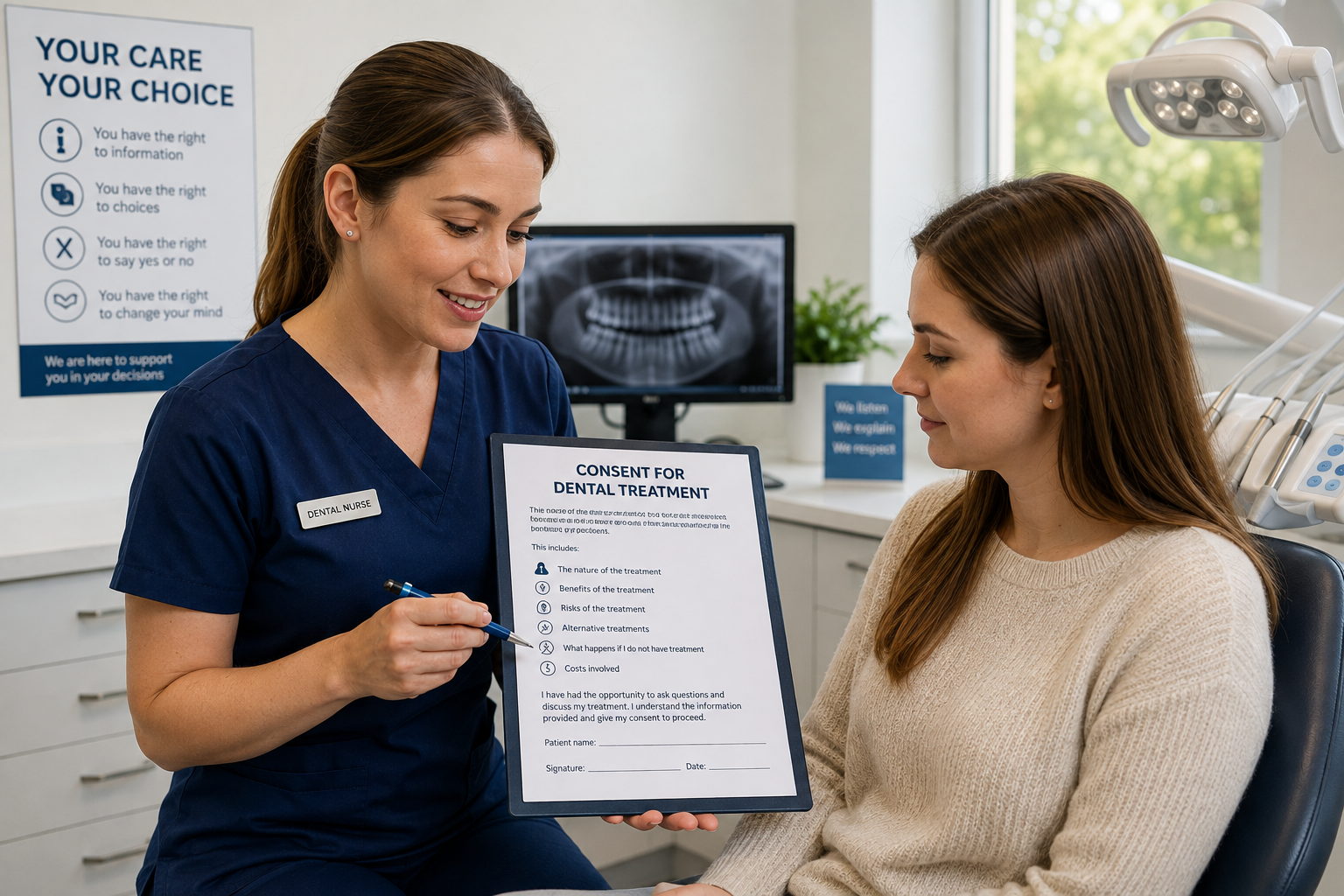 Dental nurse discussing a dental treatment consent form with a patient in a modern dental surgery.