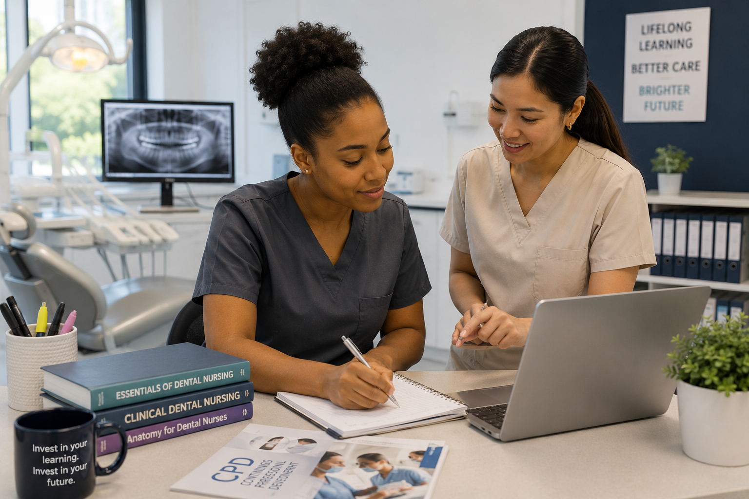 A dental nurse completing a personal continuing professional development (CPD) plan in a modern dental training area, highlighting lifelong learning and professional growth.