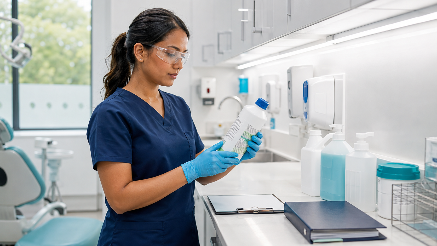 Dental nurse reviewing COSHH safety information beside labelled cleaning products in a modern dental practice.