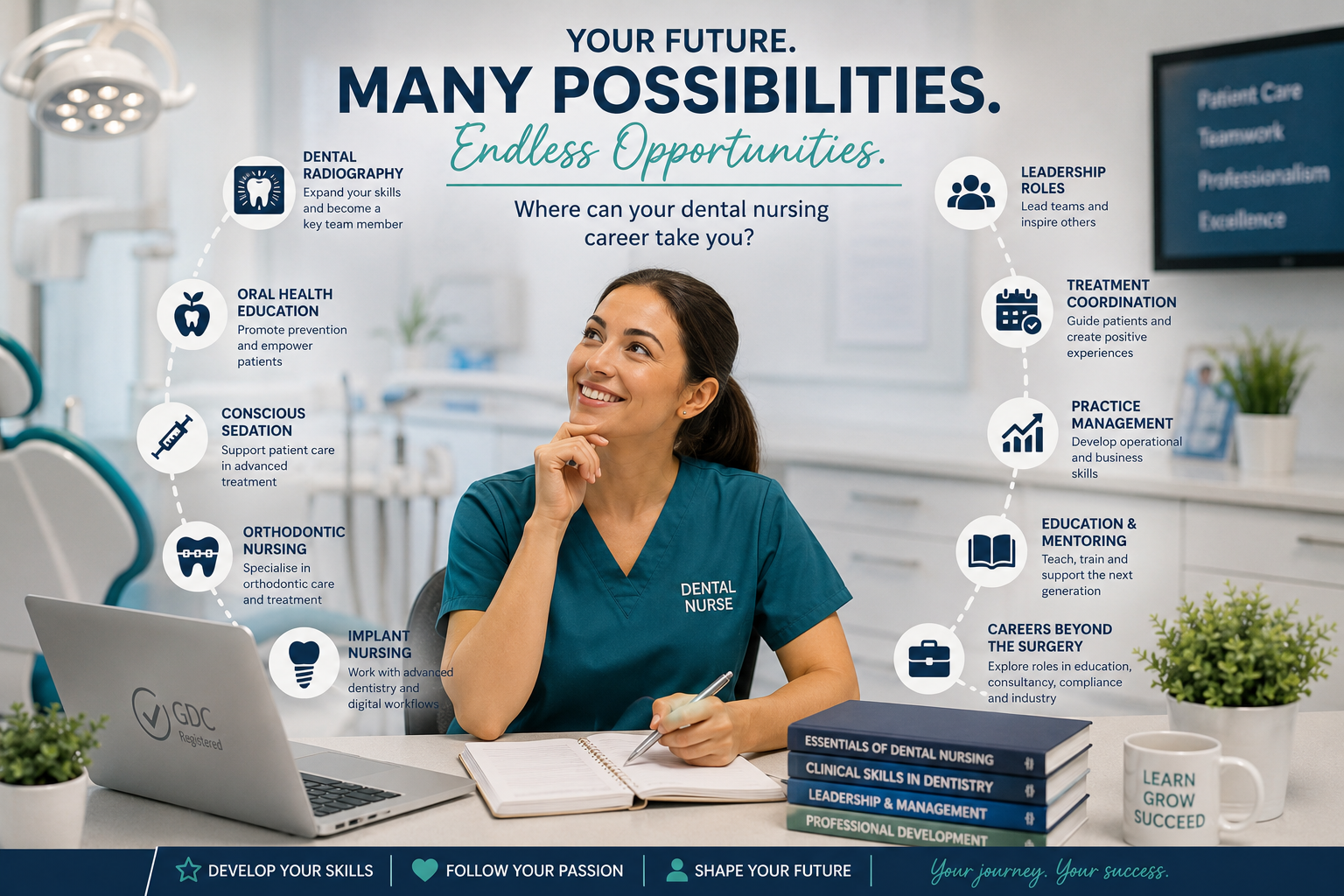 A dental nurse planning her professional future in a modern dental practice, representing career progression, lifelong learning and opportunities for specialist roles and leadership.