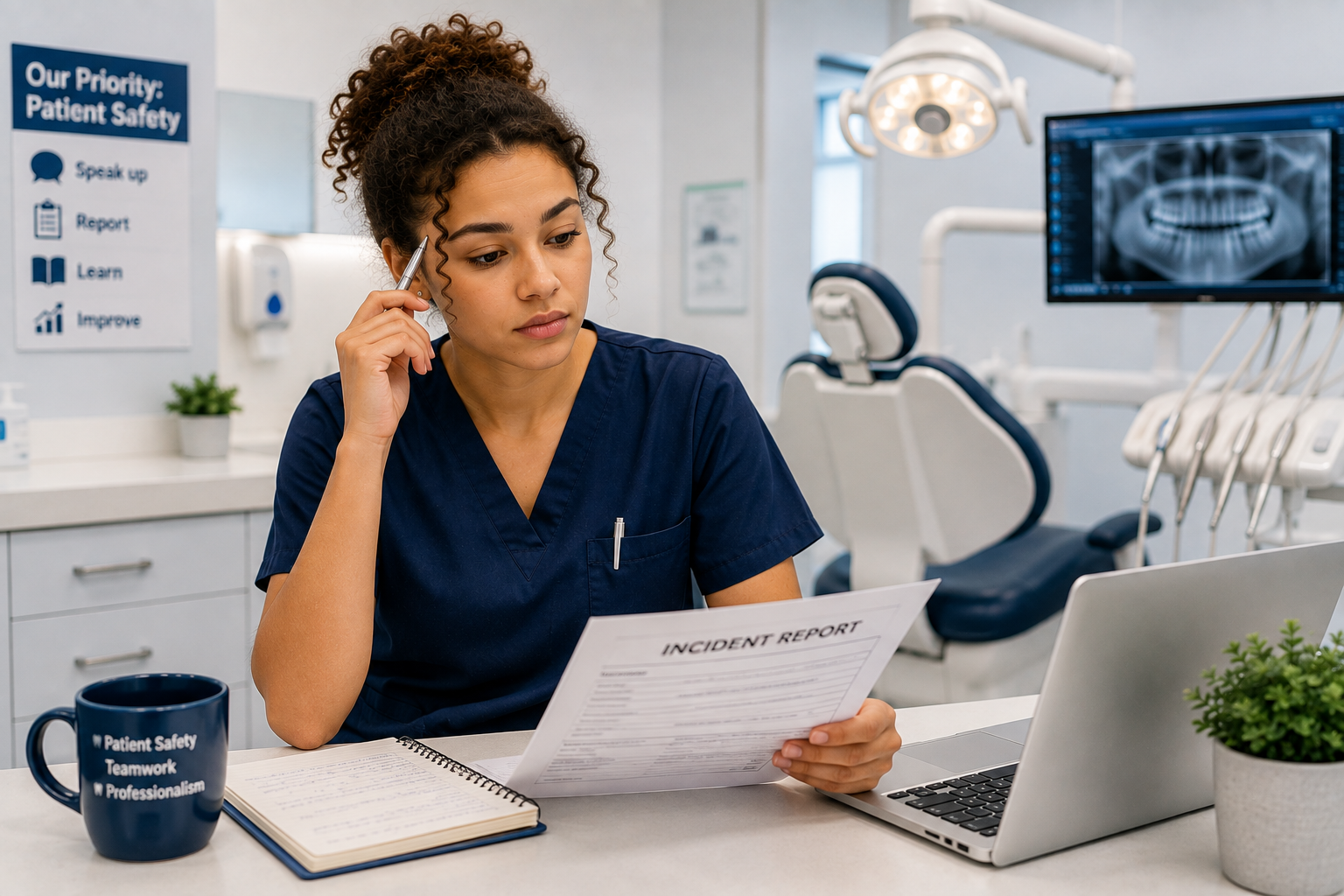 Dental nurse reviewing a clinical incident report in a dental surgery, representing patient safety, professional accountability and learning from mistakes.