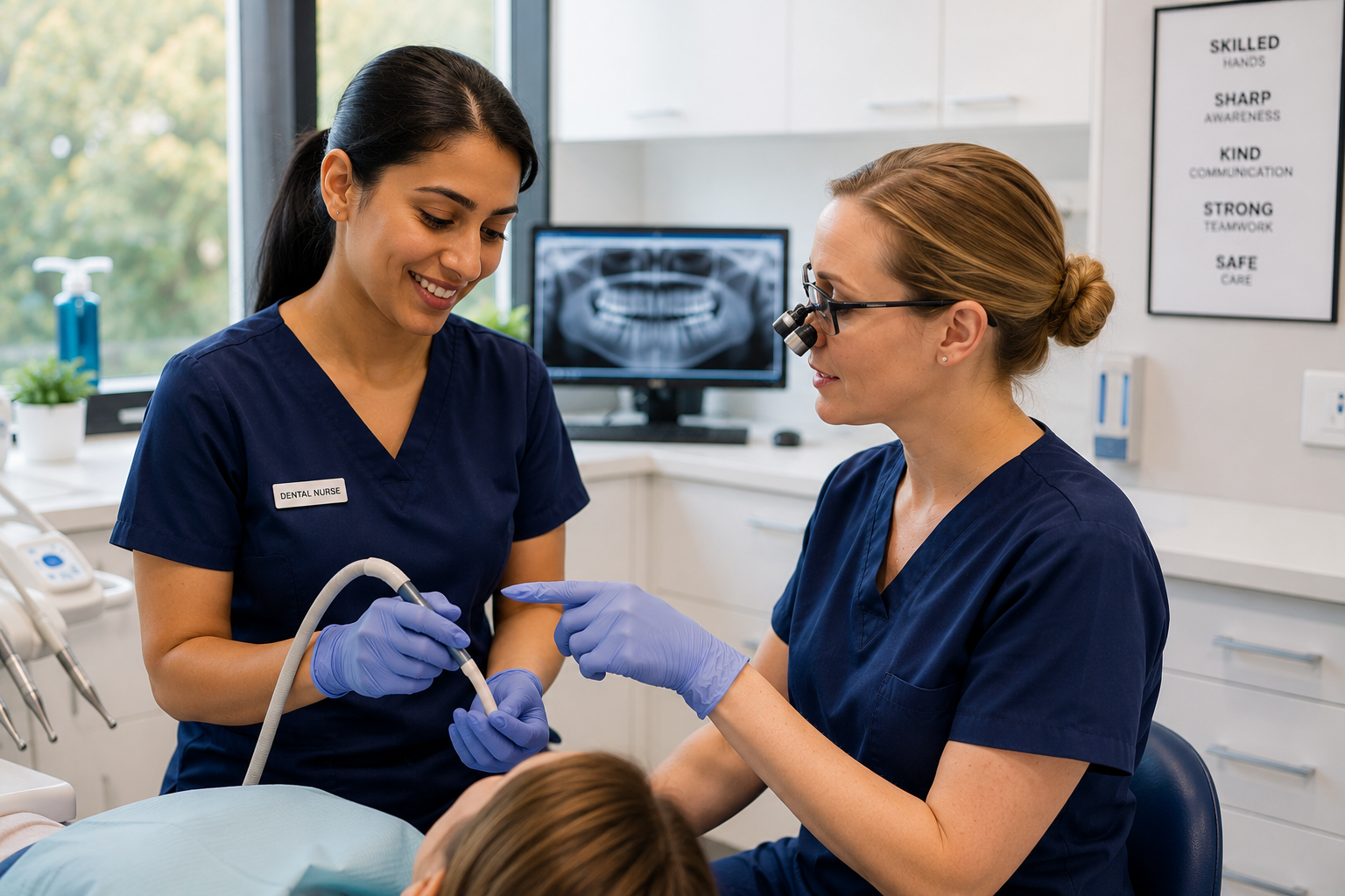 Dental nurse working confidently with a clinician during patient care, demonstrating teamwork, communication and professional skills in dental practice.