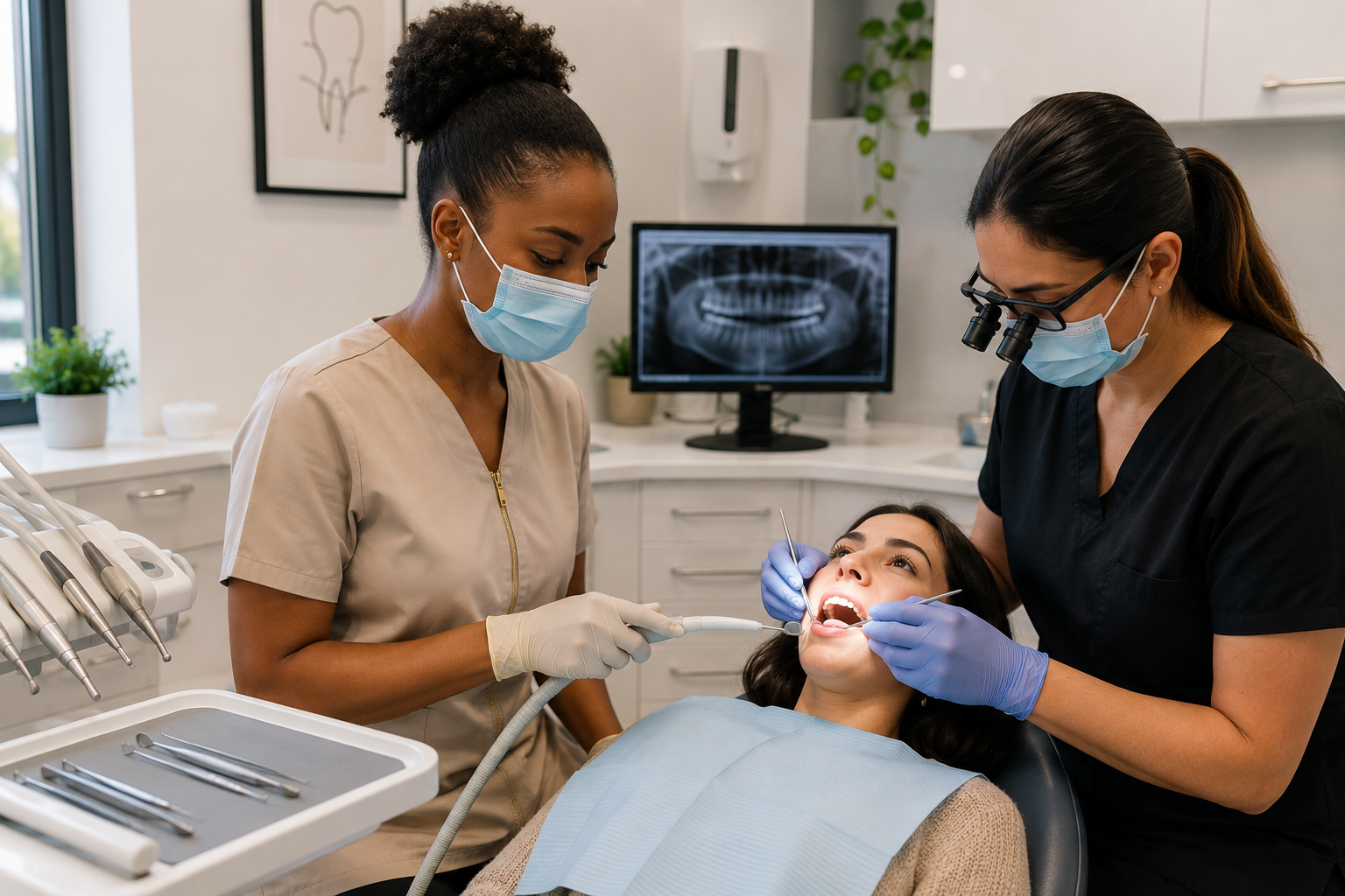 A Black dental nurse in a beige uniform assisting a dentist during patient treatment in a modern dental practice, representing safe working within scope of practice.