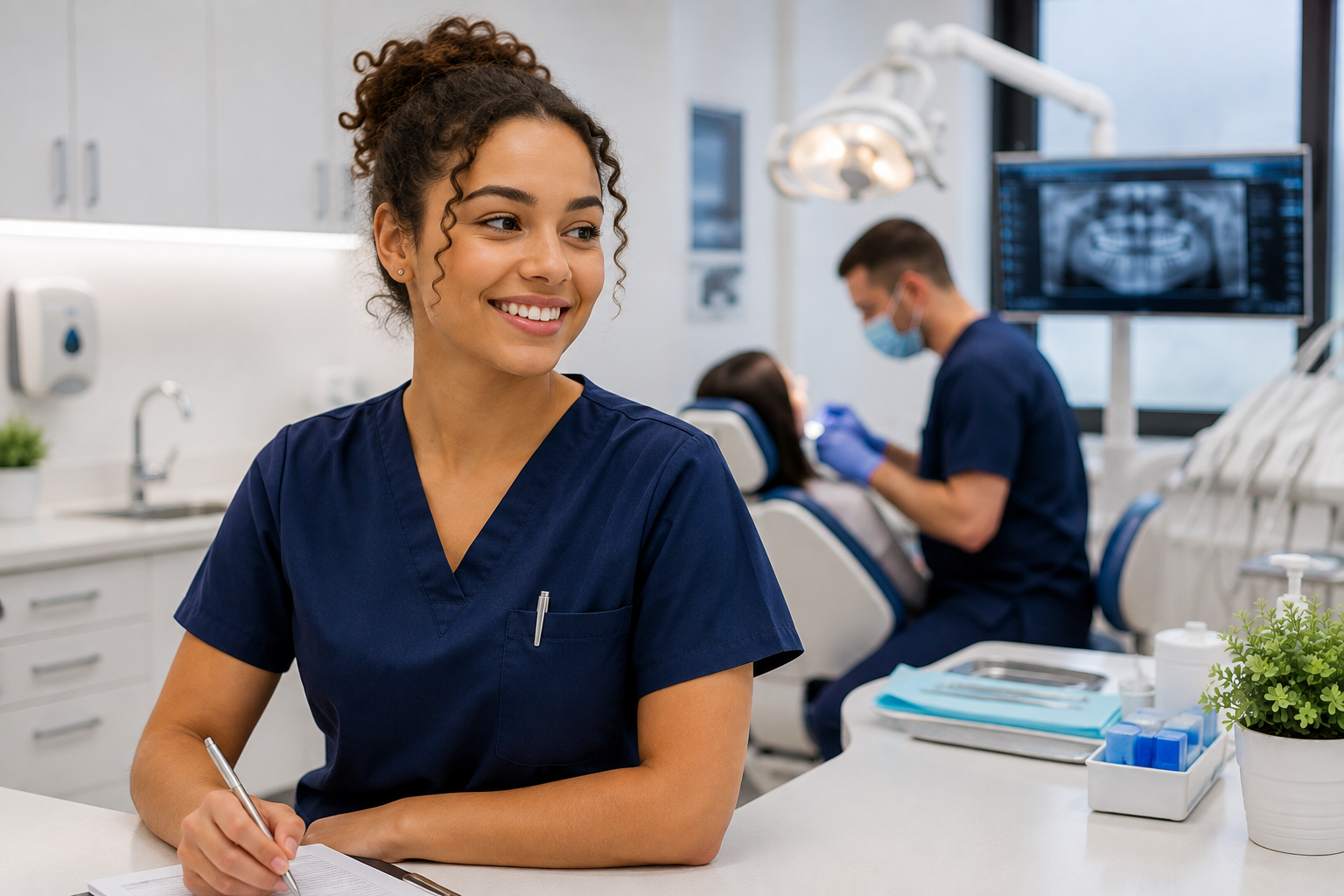 Young mixed-race newly qualified dental nurse developing confidence and professional responsibility in a modern dental practice.