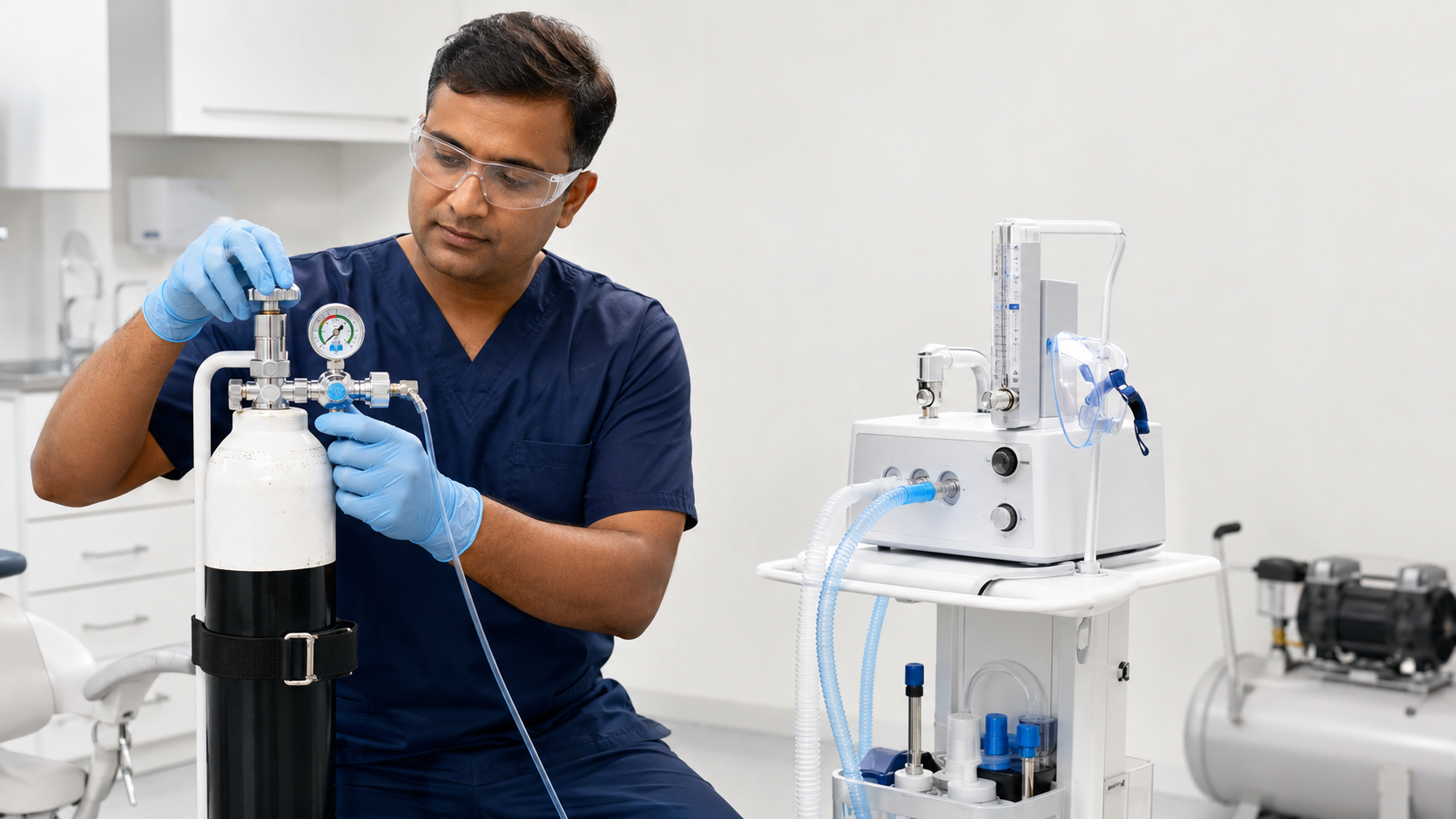 Dental nurse checking an oxygen cylinder beside inhalation sedation and compressed-air equipment in a dental practice.