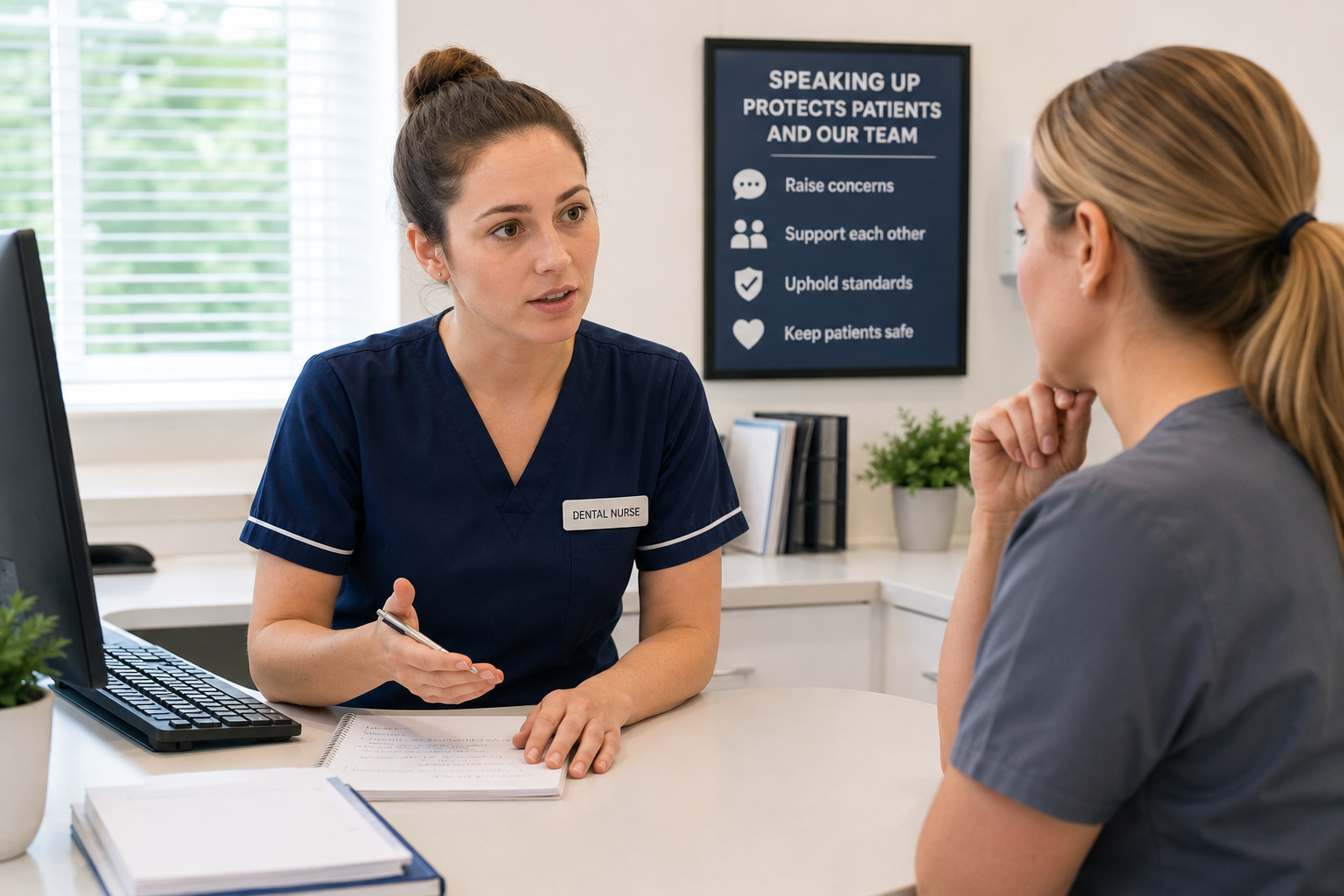 Dental nurse discussing a patient safety concern with a senior colleague in a dental practice.