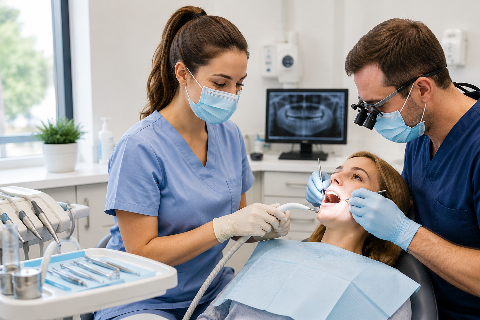 A newly qualified dental nurse assisting a dentist during a routine dental procedure in a modern UK dental practice, demonstrating teamwork, confidence and professional development.