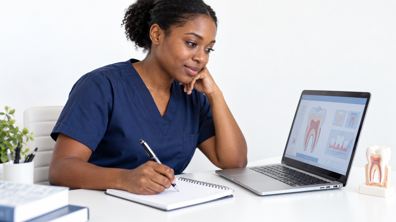 Dental nurse studying dental learning material on a laptop and taking notes.