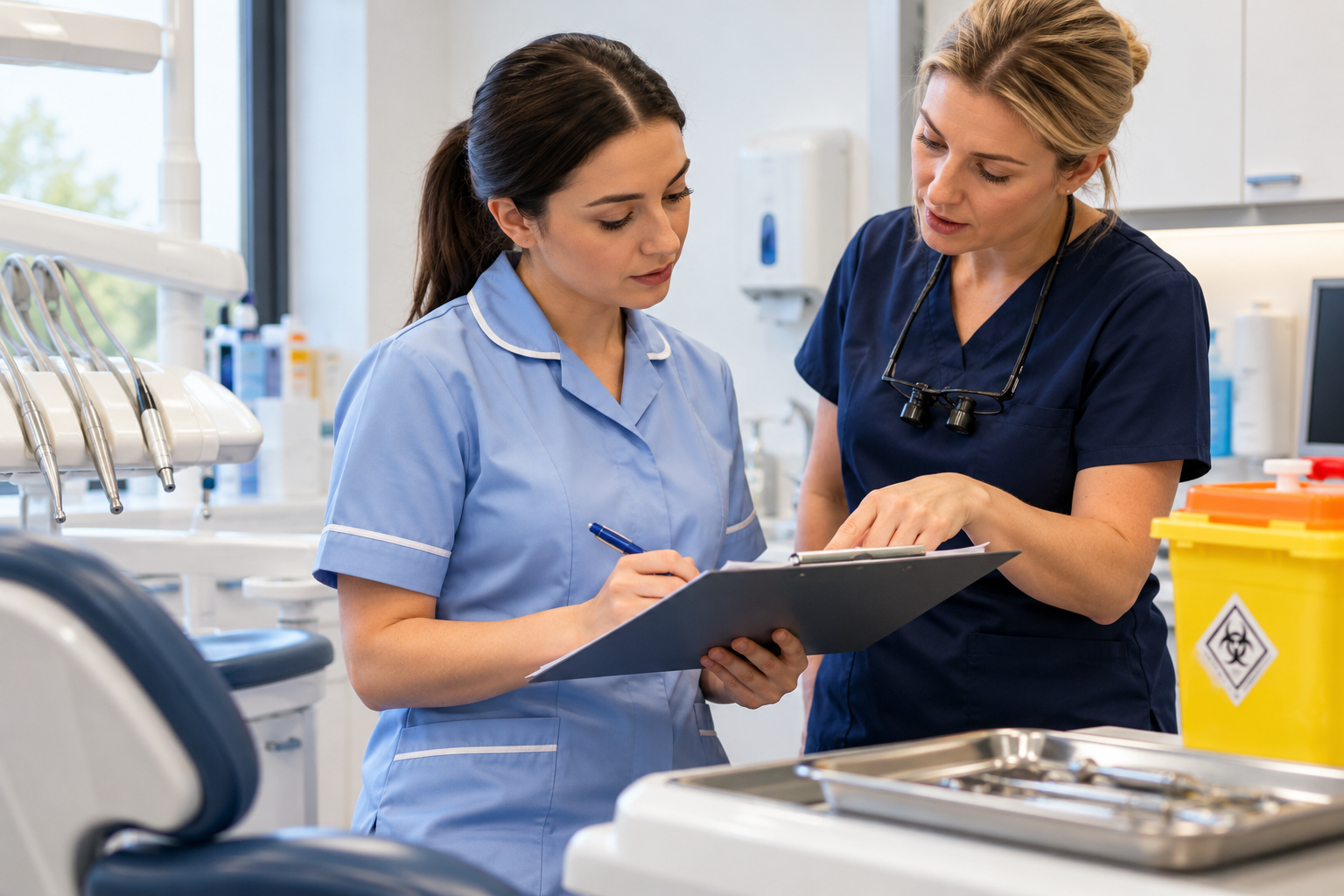 Dental nurse and senior colleague reviewing a sharps injury report in a dental surgery, with a yellow sharps disposal container nearby.